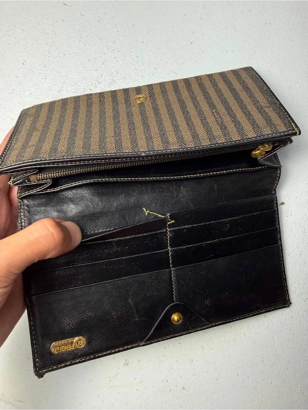 Damage Vintage Fendi Pequin Coated Canvas Bifold Snap Wallet